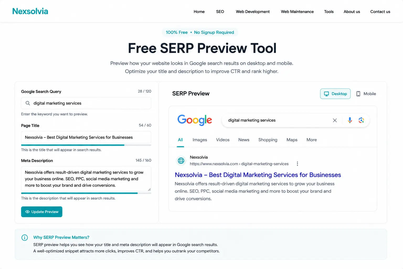 Nexsolvia SERP preview tool displaying live Google search result snippets with editable SEO title, URL, and meta description preview for desktop and mobile